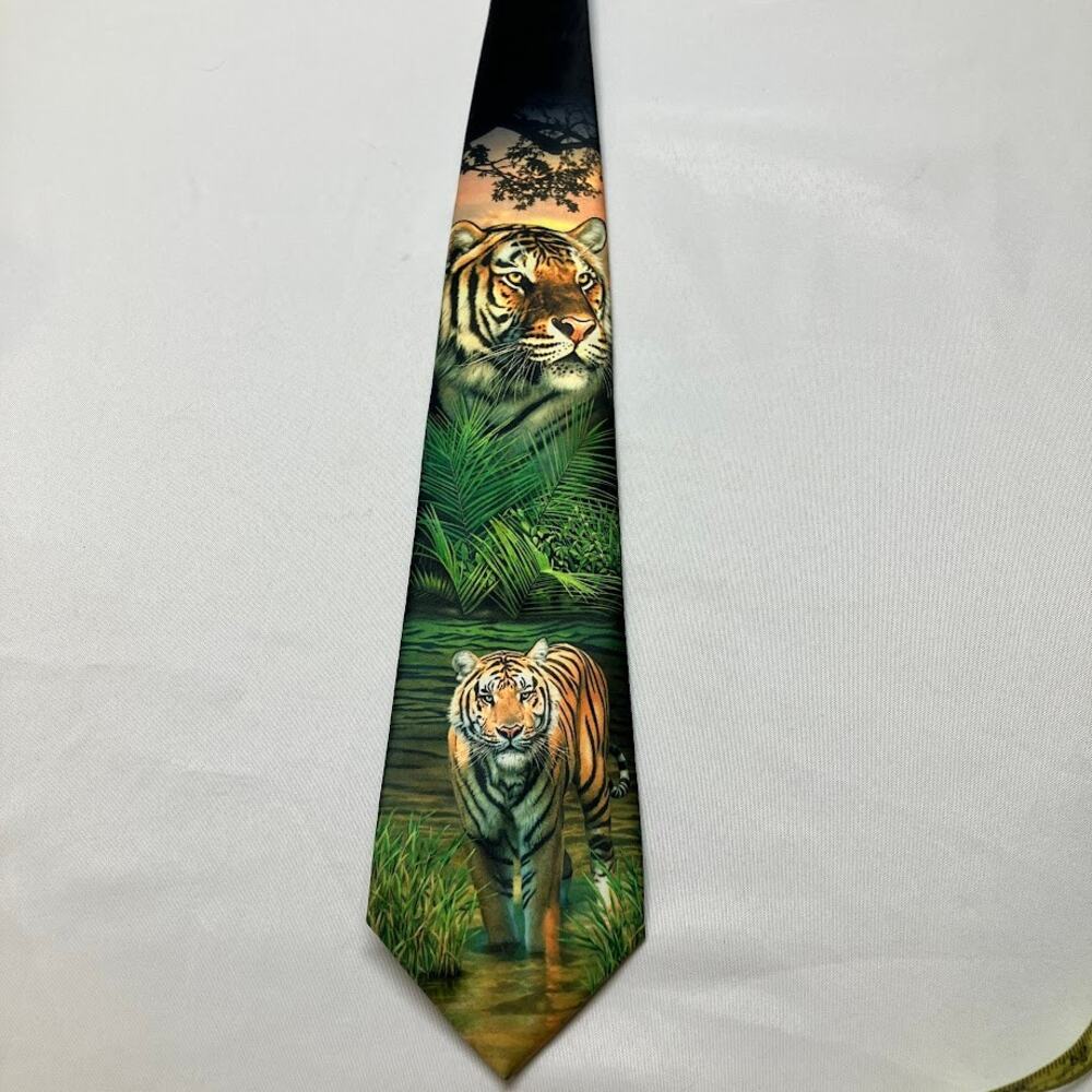 Ralph Marlin Tiger Necktie  Handmade TIGER IN THE JUNGLE MAN 4” Neck Tie